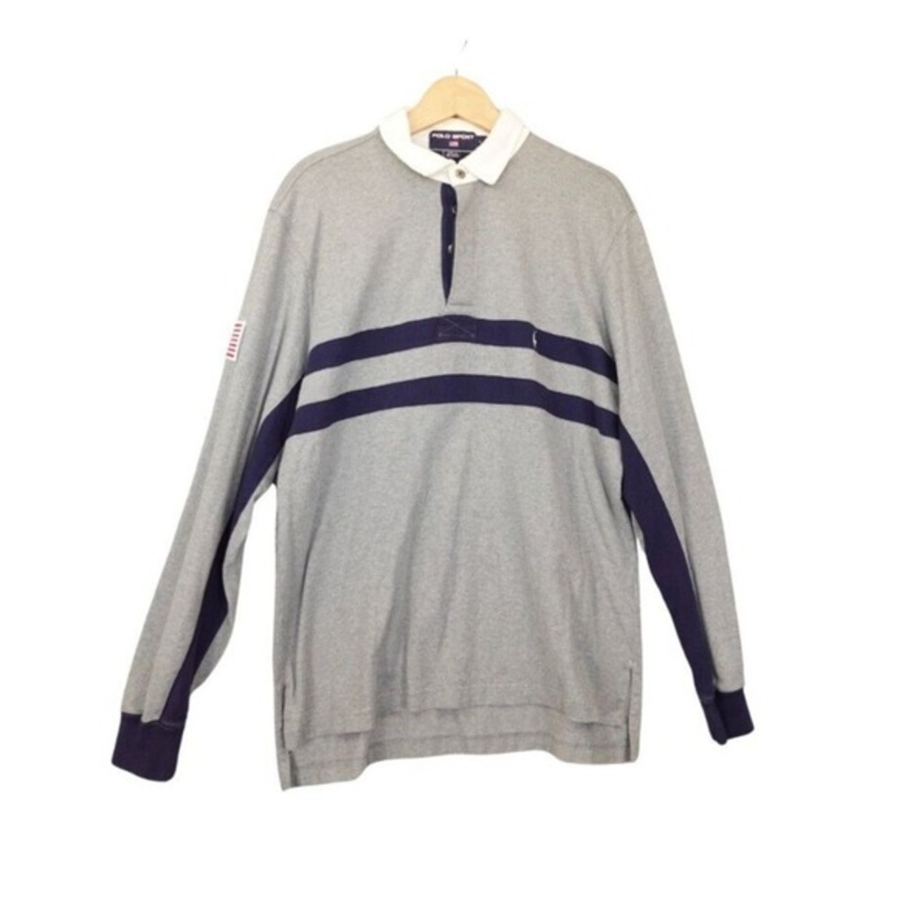 Vintage POLO Sport Ralph Lauren Shirt Mens‎ L Gray Navy Rugby Stripe Flag USA